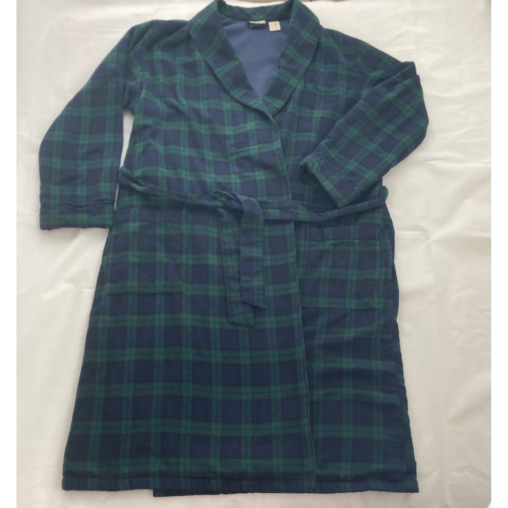LL Bean Cotton Flannel Robe Mens Large Black Watch Plaid Fleece Lined Monogram J